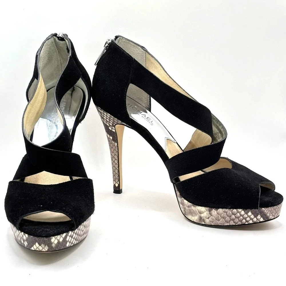Michael Kors Black Suede Snakeskin Platform Peep Toe Heels‎ Sandals Strappy 10M